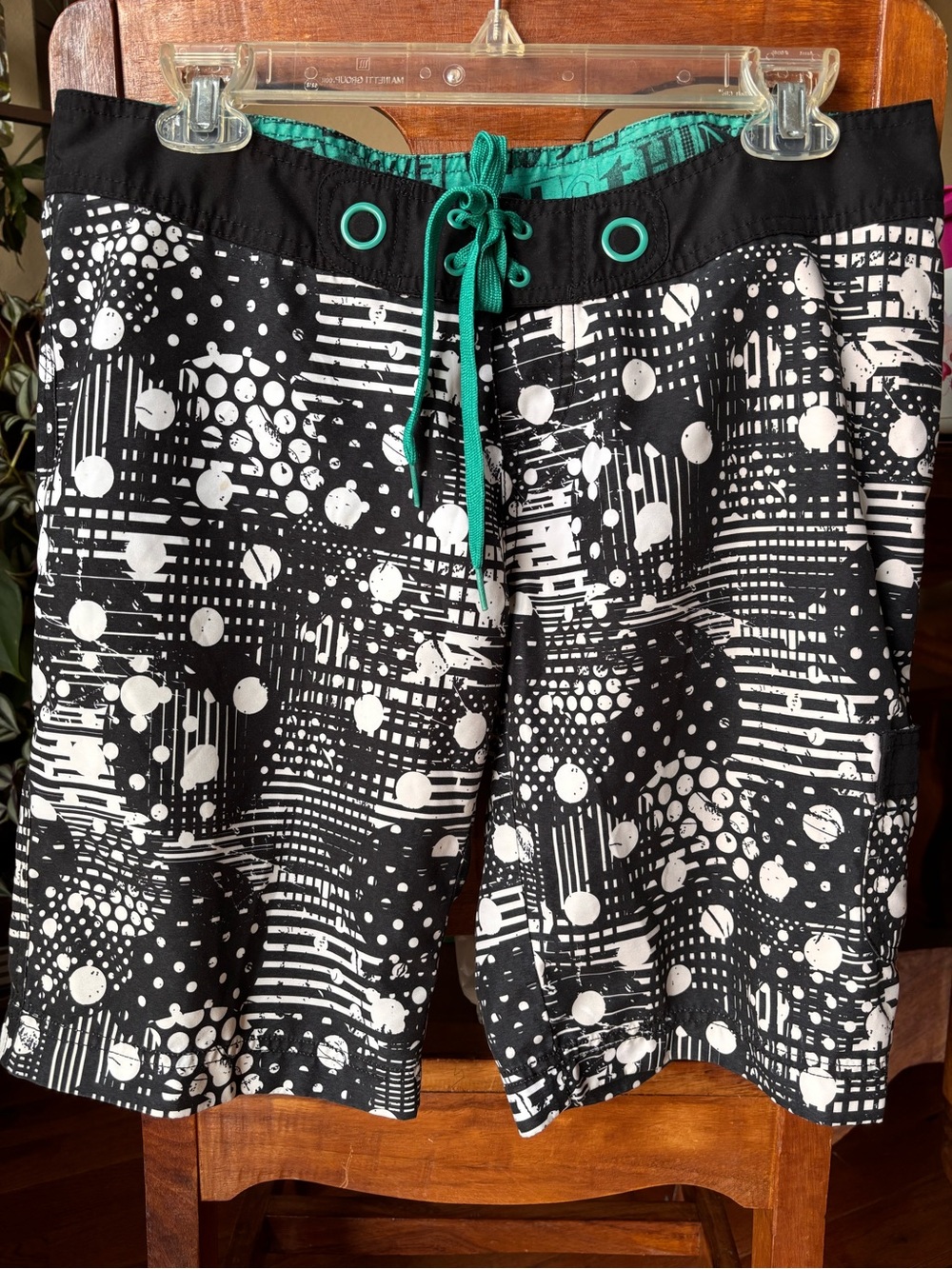 Empyre Black & White Graphic Hybrid Shorts with Teal Drawstring